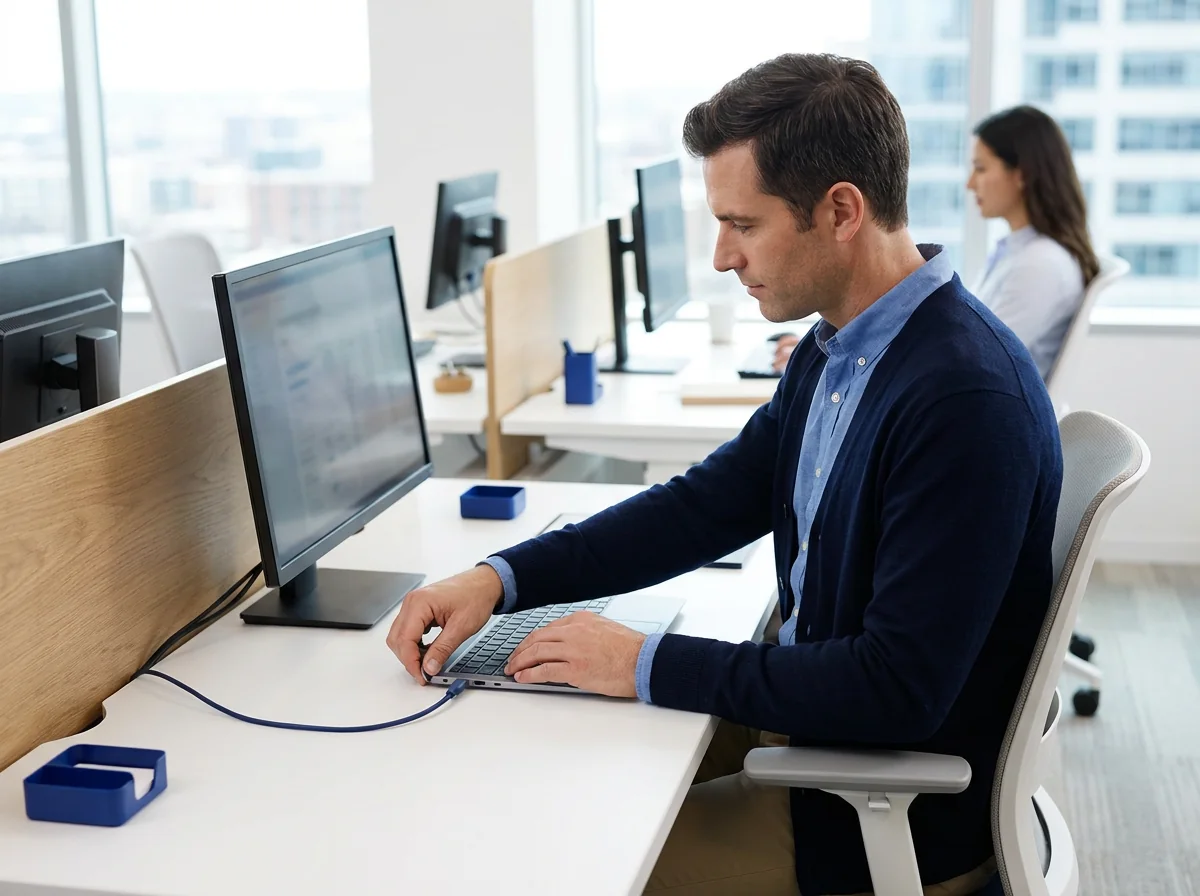 Cena ilustrativa: especialista configurando o ambiente de trabalho no computador