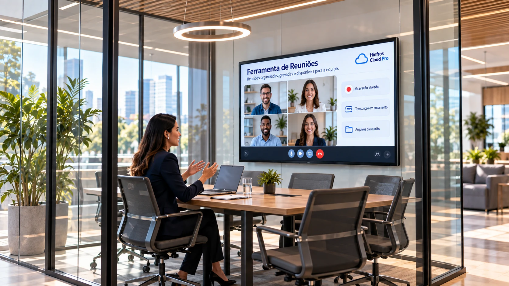 Cena ilustrativa: profissional em sala de reunião participando de uma videoconferência na Ferramenta de Reuniões