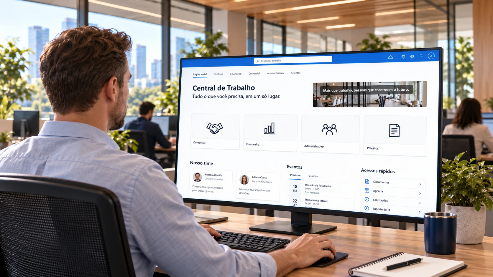 Cena ilustrativa: profissional com a Central de Trabalho aberta no monitor, com áreas, comunicados e acessos rápidos da empresa