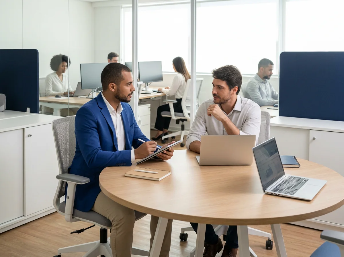 Cena ilustrativa: conversa de diagnóstico sobre a rotina da empresa
